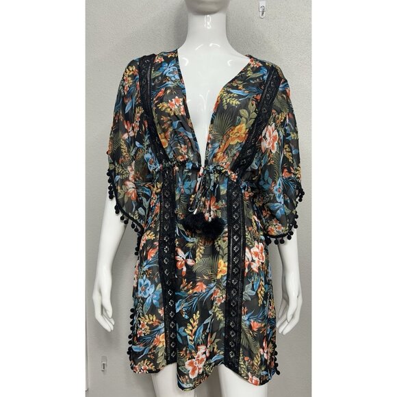 Time &Tru caftan Kimono Swim Cover Up One Size Floral Tropical Lace Pom Pom Trim - Picture 1 of 9